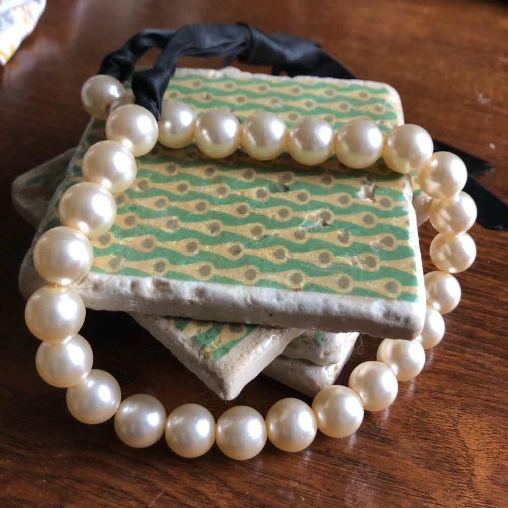 Pearl Necklace with black ribbon ties